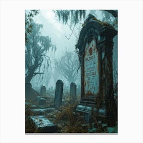 An Eerie Signboard Covered In Peeling Paint Sits Rusted At The Entrance Of An Abandoned Cemetery Shr (3) Canvas Print