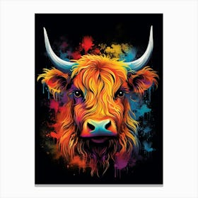 Black Paint Splash Colourful Of Highland Cow Canvas Print