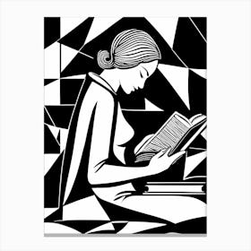 Reading A Book Linocut Black And White Painting, 318 Canvas Print