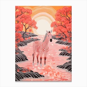 Linocut Pink & Red Inspired Zebra 4 Canvas Print