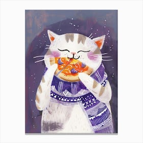 Grey And White Cat Pizza Lover Folk Illustration 1 Canvas Print