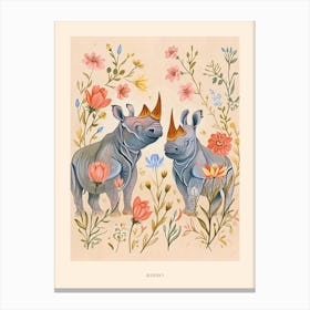 Folksy Floral Animal Drawing Rhino 3 Poster Canvas Print