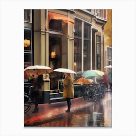 Amsterdam cafes, autumn season, rain, autumn oil colours.Faded colours,People passing on the street, winter clothes, rain umbrellas.10 2 Canvas Print