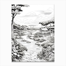 Iriomote Island In Okinawa, Ukiyo E Black And White Line Art Drawing 4 Canvas Print