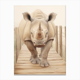Rhino Walking Across A Wooden Bridge Illustration 4 Canvas Print