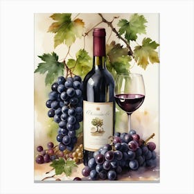 Vines,Black Grapes And Wine Bottles Painting (28) Canvas Print