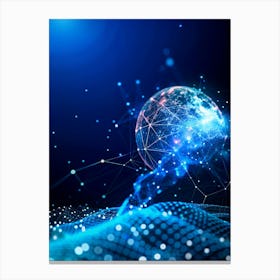 A Blue, Glowing Planet Earth Is Formed By Interconnected Dots And Lines, Representing Global Communication, Networks, And Data Flow Canvas Print