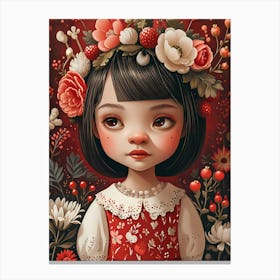 Little Girl With strawberries and Flowers Canvas Print