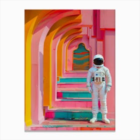 Astronaut In Front Of Colorful Buildings Canvas Print