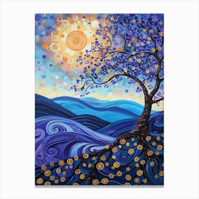 Waves Art Tree Stylized Sun Blue Artistic Abstract Circles Nature Canvas Print