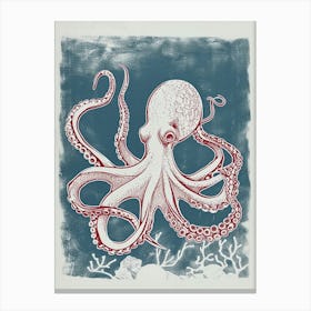 Linocut Inspired Navy Red Octopus With Coral 4 Canvas Print