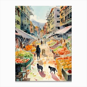 Food Market With Cats In San Francisco 2 Watercolour Canvas Print