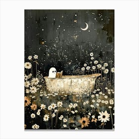 Bathroom Art Spooky Cute Ghost Reading in the Bath Under the Moon and Stars Moody Botanical Painting in HD Canvas Print