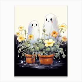 Cute Bedsheet Ghost, Botanical Halloween Watercolour 138 Canvas Print