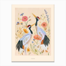Folksy Floral Animal Drawing Crane Poster Canvas Print