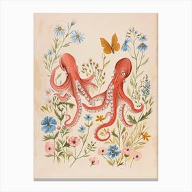Folksy Floral Animal Drawing Octopus 3 Canvas Print