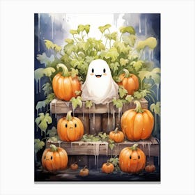 Cute Bedsheet Ghost, Botanical Halloween Watercolour 52 Canvas Print