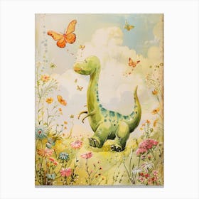 Cute Dinosaurs Playing With Butterflies Storybook Painting 2 Canvas Print