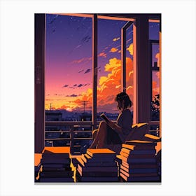 Anime Girl Reading Books At Sunset Canvas Print