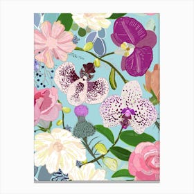 Orchid, Succulent And Roses Colorful Pattern Canvas Print