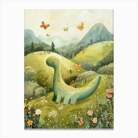 Cute Dinosaurs Playing With Butterflies Storybook Painting 1 Canvas Print