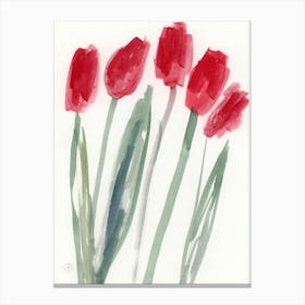 Five Red Tulips - watercolor painting red green minimal floral flowers Anton Maliar vertical light Canvas Print