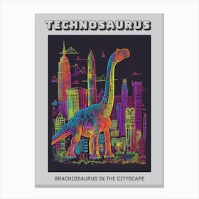 Neon Brachiosaurus In A Cityscape 2 Poster Canvas Print