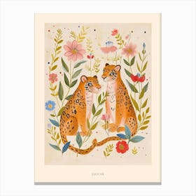 Folksy Floral Animal Drawing Jaguar 5 Poster Canvas Print