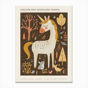 Unicorn In The Meadow With Abstract Woodland Animal Friends Muted Pastel 4 Poster Canvas Print