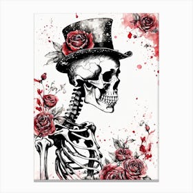 Floral Skeleton With Hat Ink Painting (95) Canvas Print