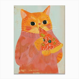 Happy Orange Cat Pizza Lover Folk Illustration 1 Canvas Print