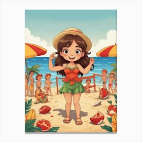 Cartoon Girl On The Beach Canvas Print