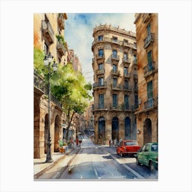 Barcelona Street Watercolor Painting Canvas Print