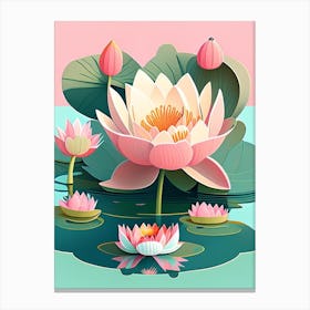 Blooming Lotus Flower In Lake Scandi Cartoon 2 Canvas Print