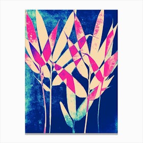 Blue turquoise pink bamboo leaves cyanotype Canvas Print