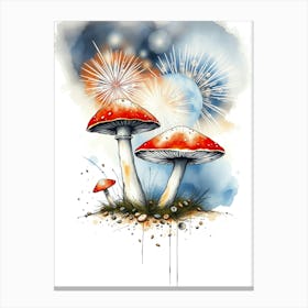 Watercolor Mushroom With Fireworks Canvas Print