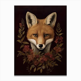 Fox Portrait With Rustic Flowers 1 Canvas Print