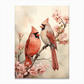 Two Cardinals In Cherry Blossoms Canvas Print