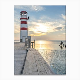 Red and White Lighthouse At Sunset Canvas Print