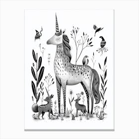 Unicorn With Woodland Animal Friends Black & White Illustration 2 Canvas Print