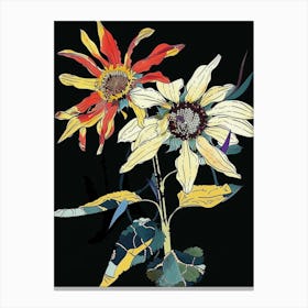 Neon Flowers On Black Sunflower 1 Canvas Print