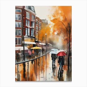 Amsterdam cafes, autumn season, rain, autumn oil colours.Faded colours,People passing on the street, winter clothes, rain umbrellas.4 4 Canvas Print