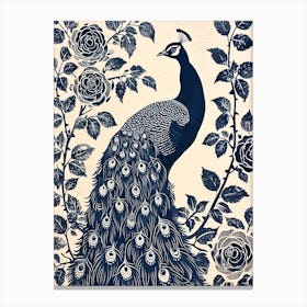 Navy Linocut Inspired Peacock With The Roses 1 Canvas Print