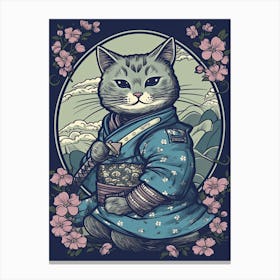 Cute Samurai Cat In The Style Of William Morris 7 Canvas Print