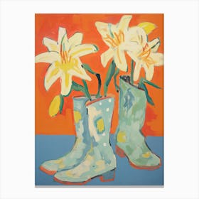 Painting Of Yellow Flowers And Cowboy Boots, Oil Style 12 Canvas Print