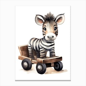 Baby Zebra On A Toy Car, Watercolour Nursery 1 Canvas Print