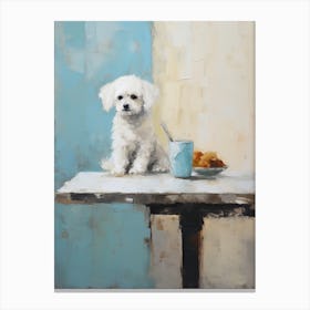 Bichon Frise Dog, Painting In Light Teal And Brown 2 Canvas Print