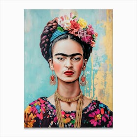 Frida Kahlo Bunte Mexikanische Malerei, Portrait Frida mit Blumenkranz Canvas Print