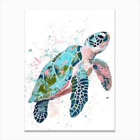 Pastel Blue Paint Splash Sea Turtle On A White Background Canvas Print