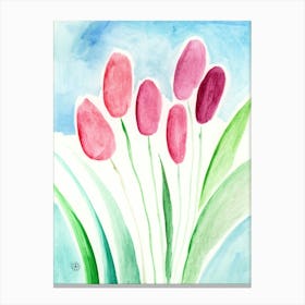 Happy Tulips - watercolor painting floral flowers vertical light blue red green hand painted living room kitchen Canvas Print
